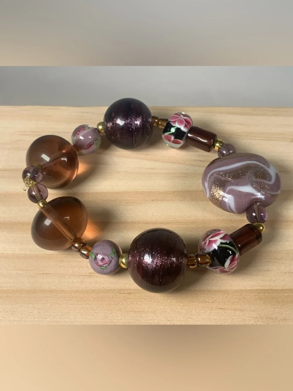 Vintage Purple Floral Murano Lampwork Glass Beaded Stretch Bracelet 7”